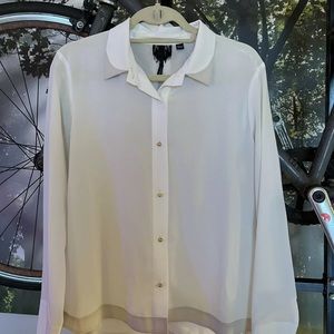 Poleci White Blouse w Light Brown Trim Semi Sheer SzL